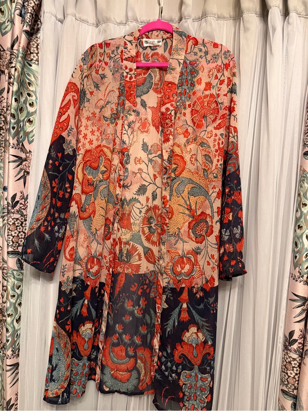 Floral Open-Front Kimono Wrap - Cream, Red & Black